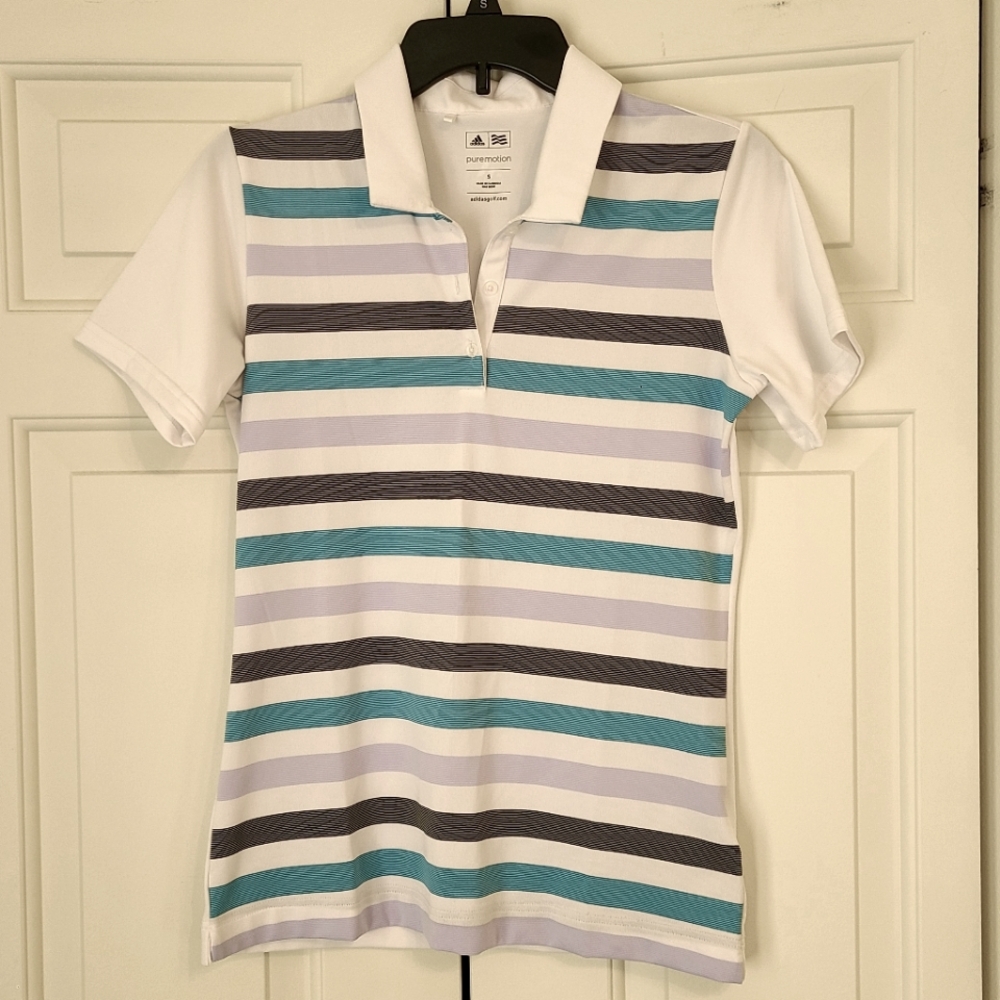 Adidas White and Blue Fitted Button Down Polo